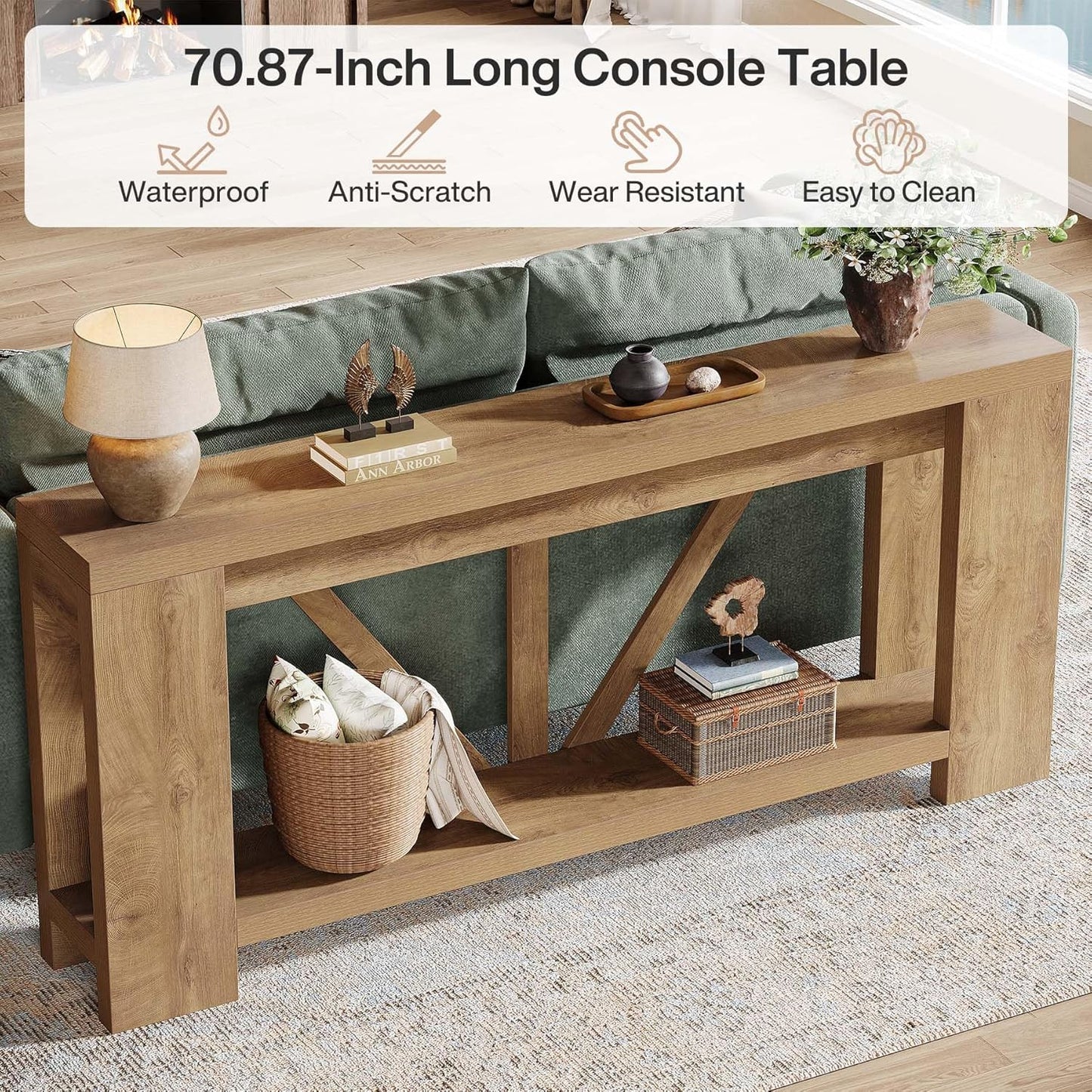 Tribesigns 70.9" Extra Long Entry Table, Farmhouse Wood Console Table with Storage, Modern Accent Sofa Table Behind Couch Foyer Tables for Entryway, Living Room, Entrance, Light Brown