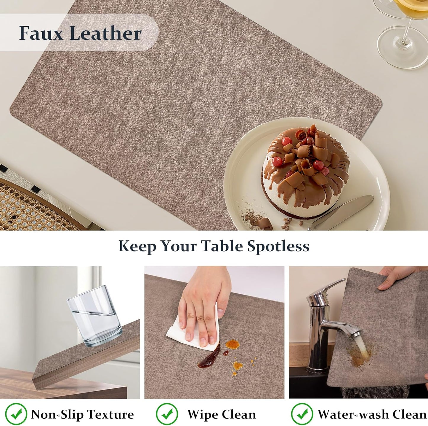 FROMHEART Faux Leather Placemats Set of 4–Waterproof,Heat/Oil Stain-Resistant PU Table Mat–Reversible,Non-Slip,Easy to Clean Place Mats for Kitchen,Dining,Indoor/Outdoor,(Dark Coffee,11.8" x 17")