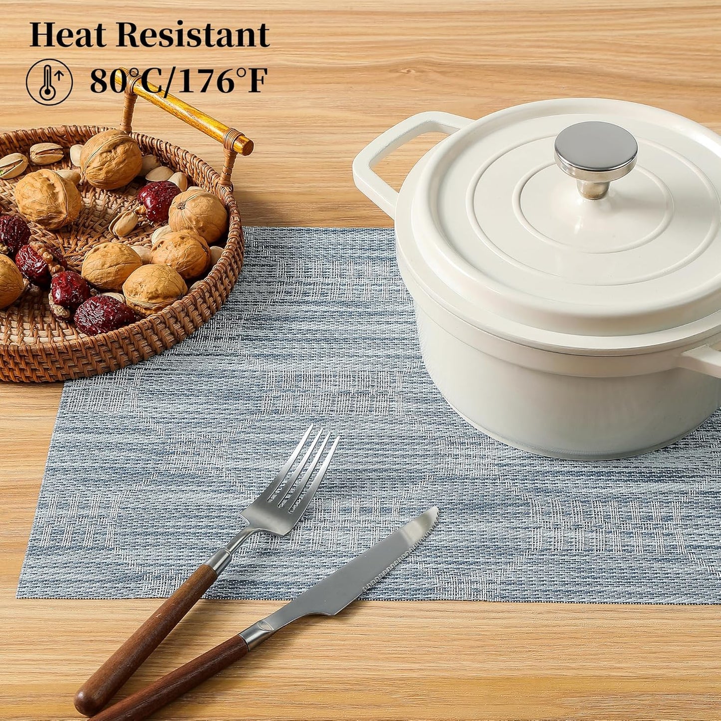 Leetaltree Alice Blue Placemats Set of 6 - Heat Resistant Non-Slip Place mats for Dining Table, Washable Durable PVC Vinyl Woven Table Mats（Jacquard Blue, 6）