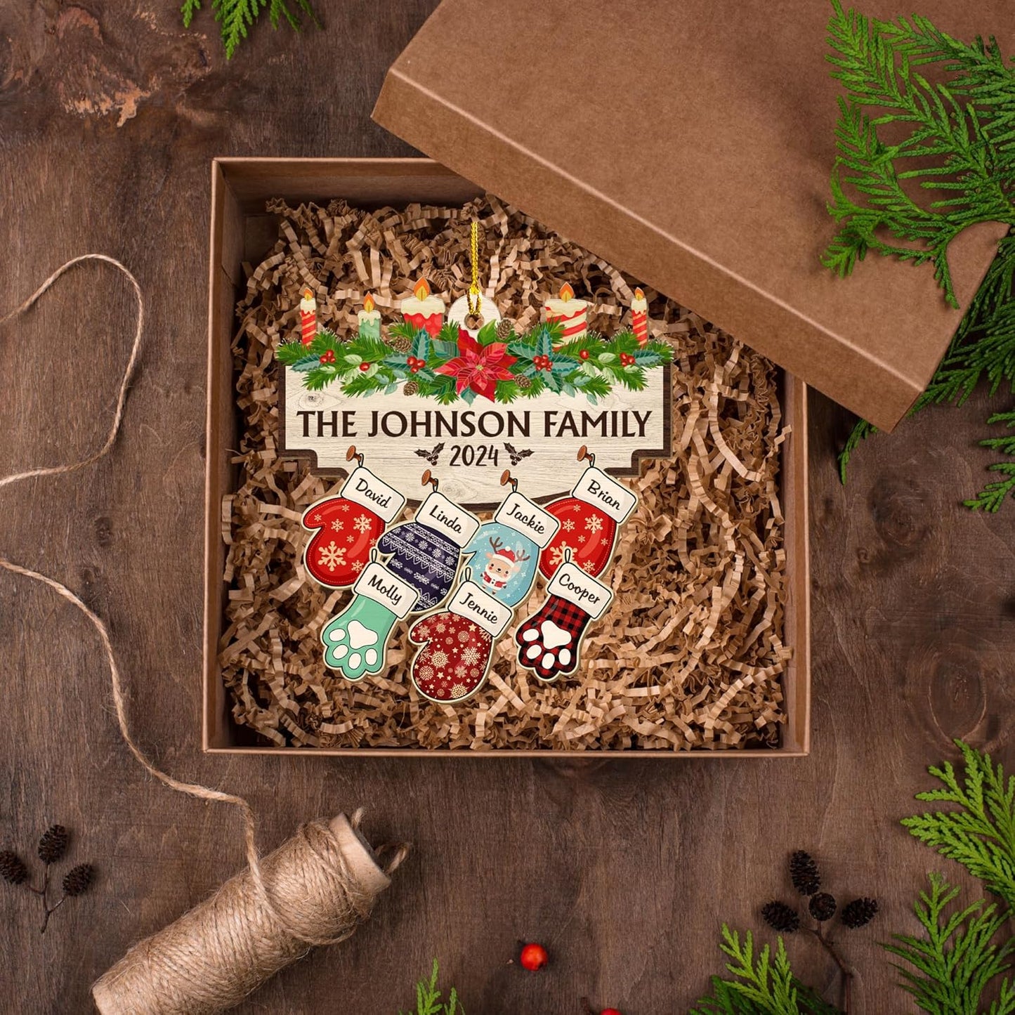 Family with Pet Ver 2 - Personalized Custom Wood Ornament, Family Gloves Christmas Ornament 2024, Xmas Ornament Gifts for Family Tree Decoration (A06, 4 Names)