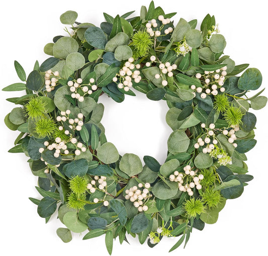 GENMOUS 24Inch Artificial Eucalyptus Wreath for Front Door, Christmas Wreaths with Ivory Berries Silver Dollar, Green Wedding Home Wall Door Hanging Decor All Seasons, Holiday Thanksgiving Halloween