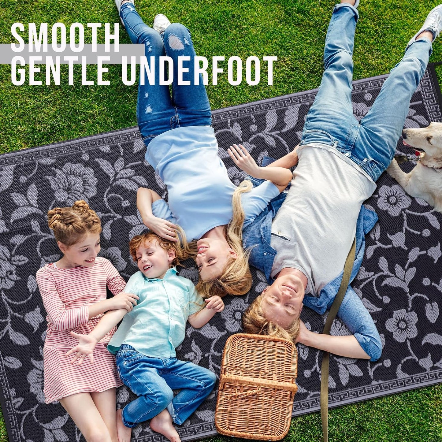 OLANLY Waterproof Outdoor Rug 9x12 ft, Outdoor Plastic Straw Rug with Flower Pattern, Reversible RV Mat for Patio, Camping, Balcony, Deck, Backyard, Black & Grey