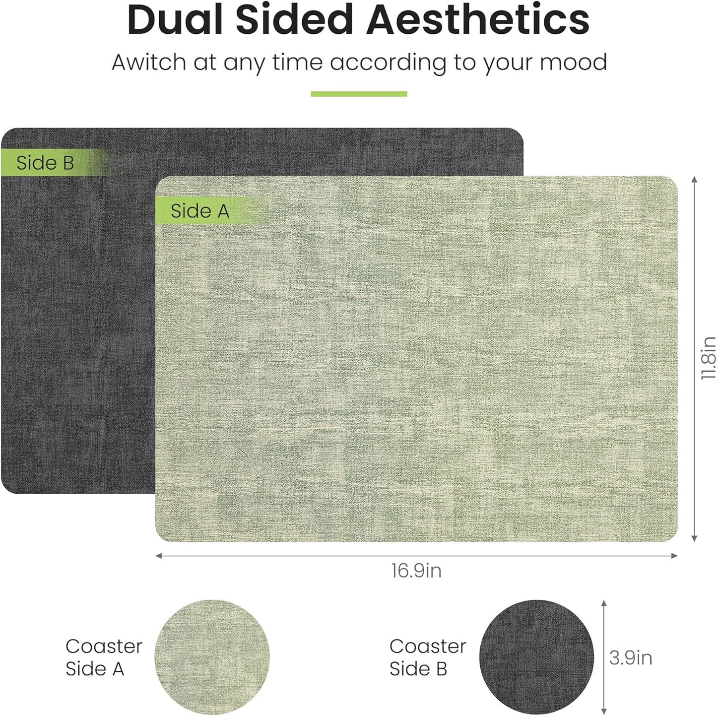 Faux Leather Dual Sided Placemats Set of 4, Square Non-Slip Heat Resistant Placemats with Coaster, Reversible wipeable Waterproof Table Mats for Kitchen, Dining, Outdoor (4, Black Light Green)