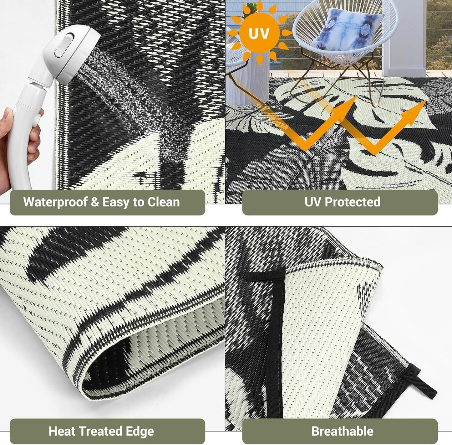 GAOMON Waterproof Plastic Straw Rug 9x12 Outdoor Rug for Patio, Reversible Modern Camping Mat with Bag & Stakes, UV Resistant & Easy to Clean Outdoor Carpet for RV, Deck, Balcony, Beige