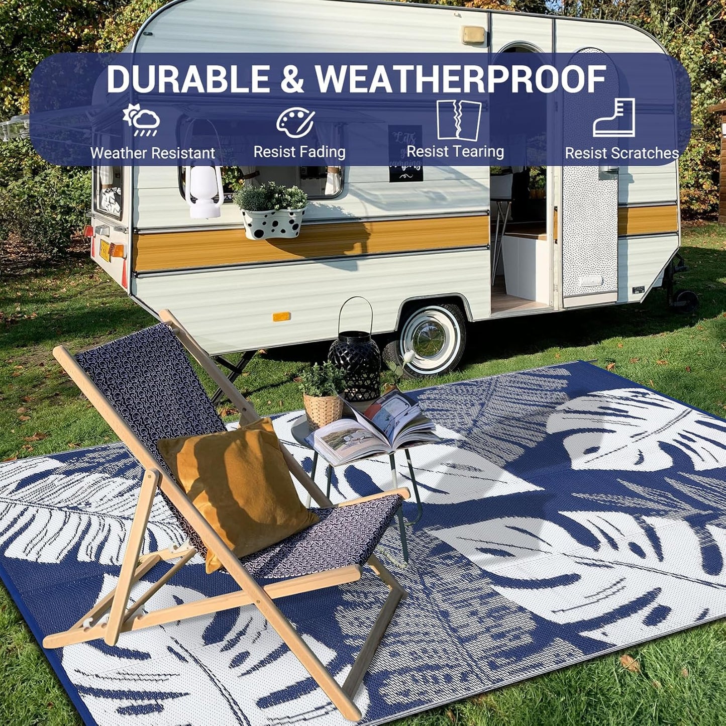 GAOMON Patio Rugs Outdoor 8x10 Waterproof Reversible Plastic Straw Rug Modern Patio Carpet, Foldable Lightweight RV Camping Mat with Portable Bag & 4 Stakes, UV Resistant & Sturdy for Picnic, Blue