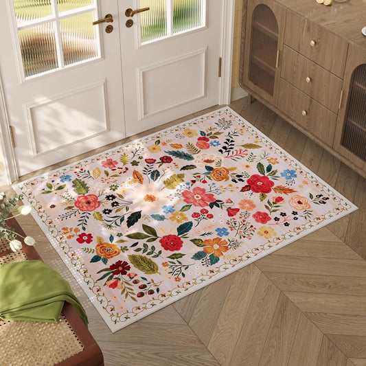 Door Mat Indoor Entrance 2x3 Rug Machine Washable Boho Floral Small Area Rug Non-Slip Low Pile Throw Rugs for Entryway, Kitchen, Front Door Indoor Entrance, Entry, Kids Room (Beige)