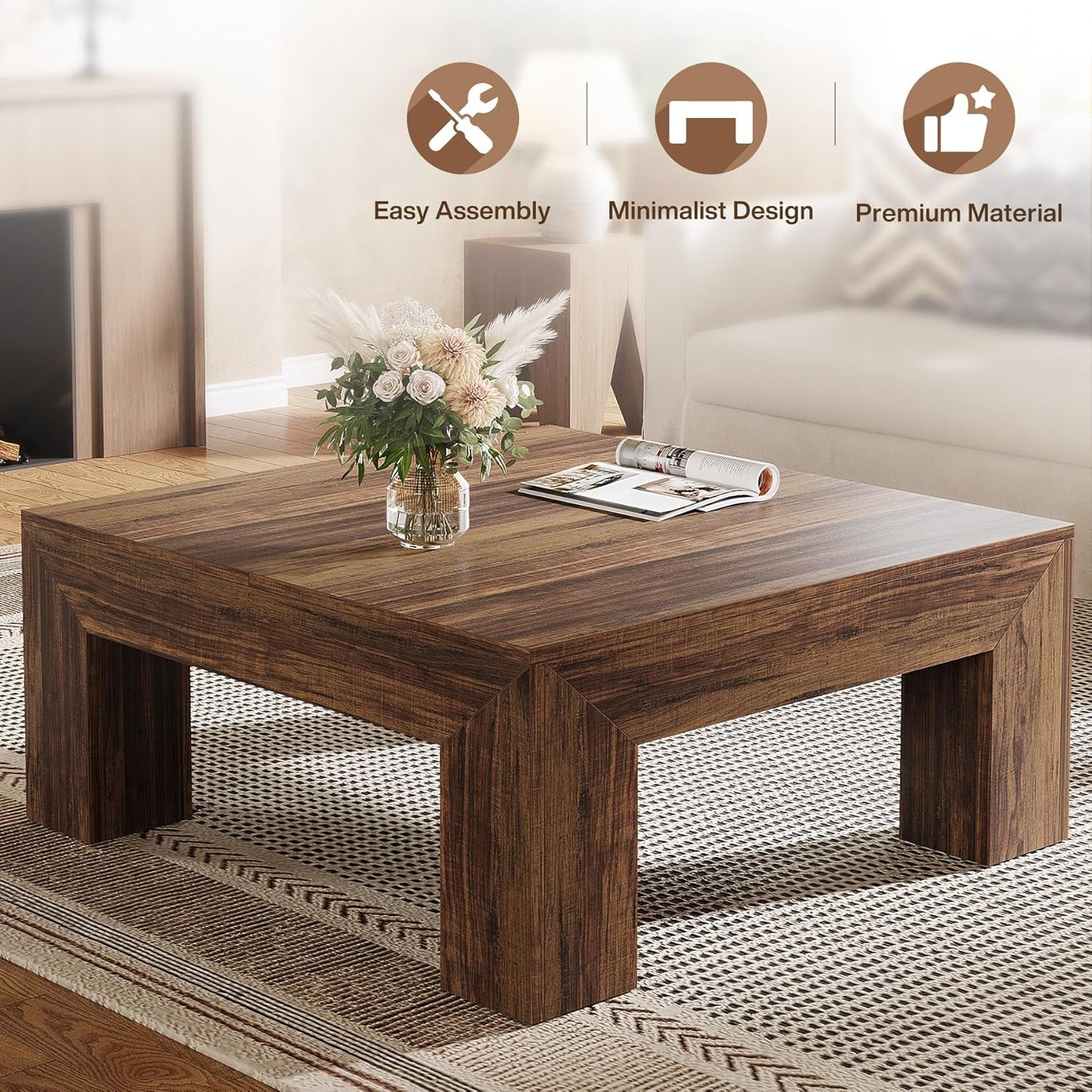 Tribesigns 39.4-Inch Square Coffee Table for Living Room, Farmhouse All MDF Accent Center Cocktail Table with Sturdy Wooden Legs, Easy Assembly, Dark Brown
