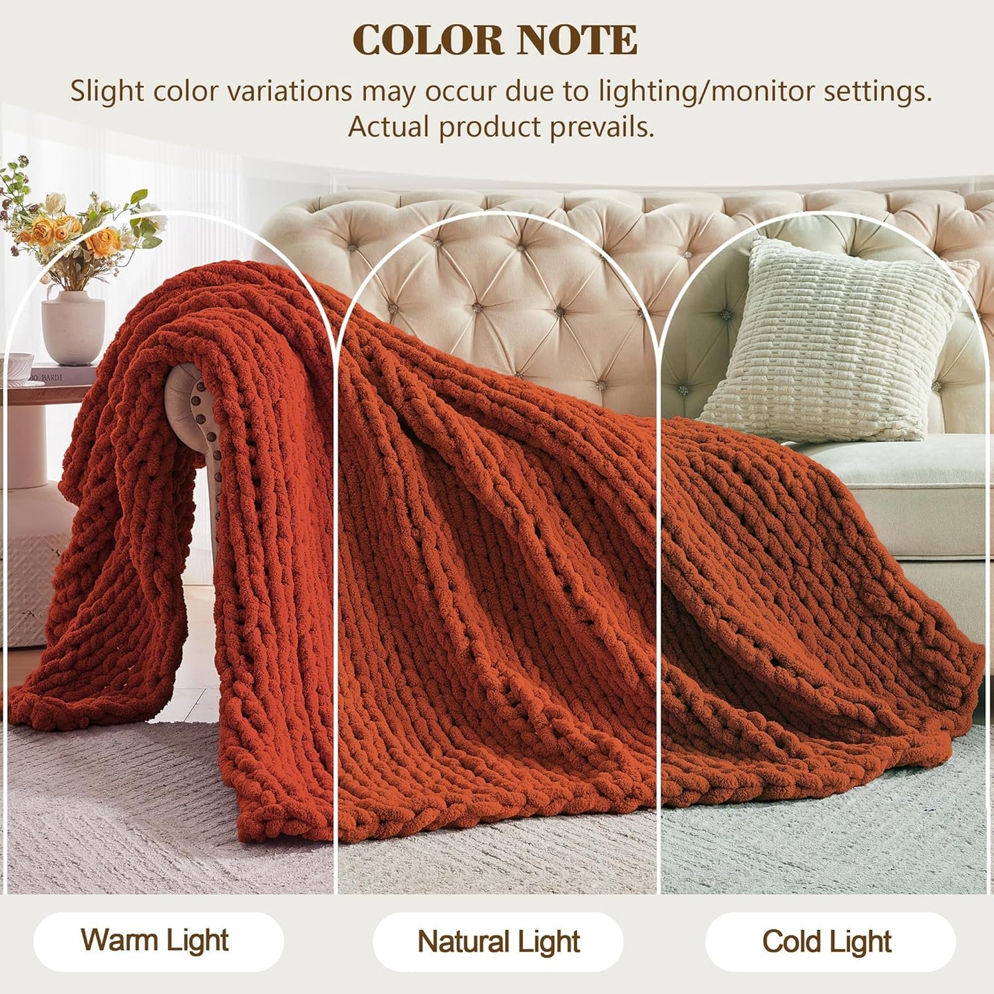 Carriediosa Chunky Knit Throw Blanket 60" X 80" Twin, 100% Hand Made Large Chenille Loop Yarn Soft Fluffy Throws for Couch Sofa Bed, Big Crochet Cozy Heavy Thick Cable Woven Blankets, Rust