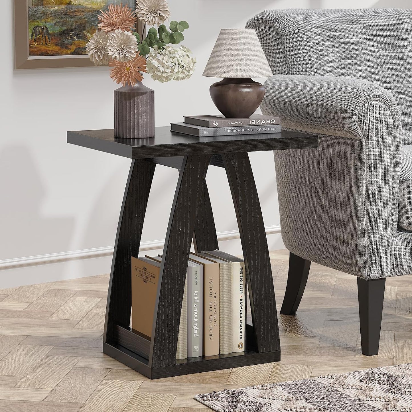 End Tables Living Room, Side Table Beside Sofa, Nightstand for Bedroom, Couch Side Table with Shelf, Modern End Table for Living Room, Black End Table Set of 2