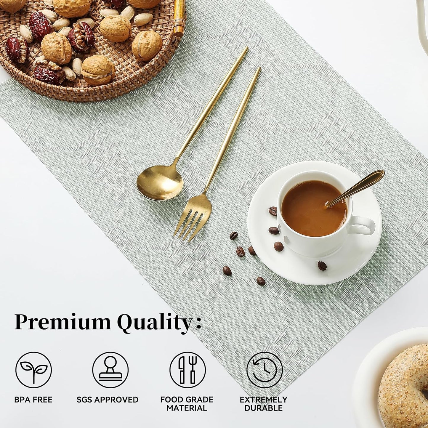 Leetaltree Mint Cream Placemats Set of 12 - Heat Resistant Non-Slip Place mats for Dining Table, Washable Durable PVC Vinyl Woven Table Mats（Mint Cream, 12）