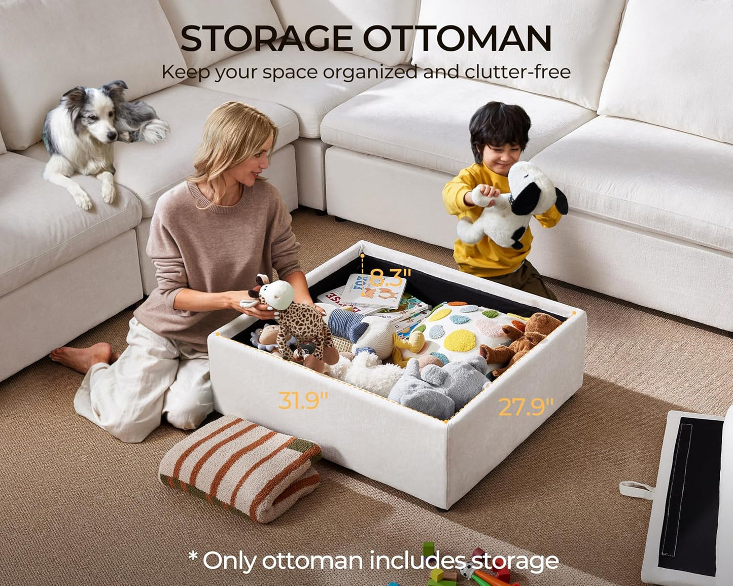 Oversized Modular Sofa Comfy Cloud Couch with Storage, Extra Deep Plush Sectional Sofa Set for Living Room, Covers Washable, Chenille, Olar (White, 8-Seater with Corner & 2 Ottomans, u-Shaped)