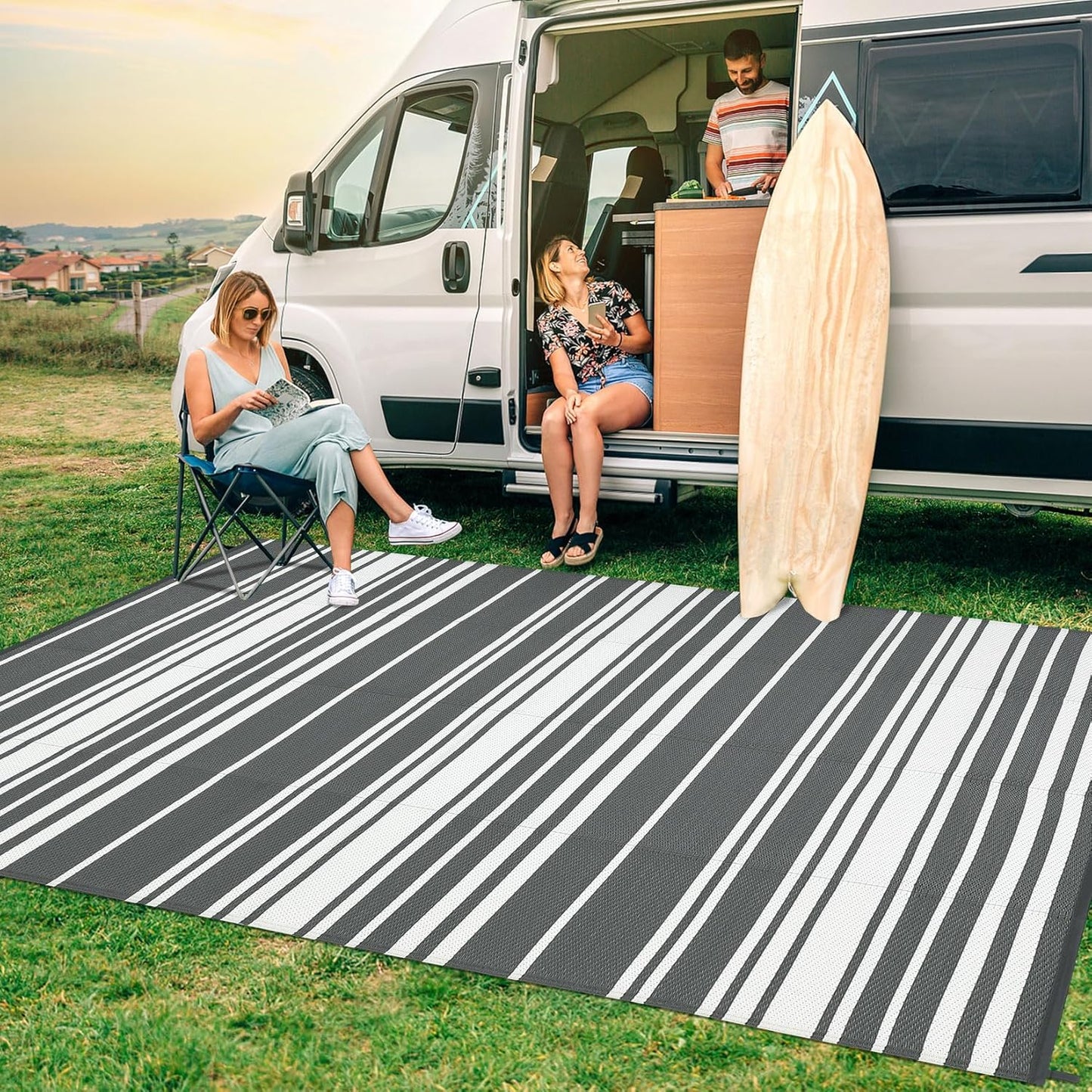 Outdoor Plastic Straw Rug 9x18 Waterproof Outside Rug, Large Modern Striped Reversible Floor Mats, Foldable & Lightweight Camping Carpet for Patio, Porch, Deck, Backyard, Balcony, Grey