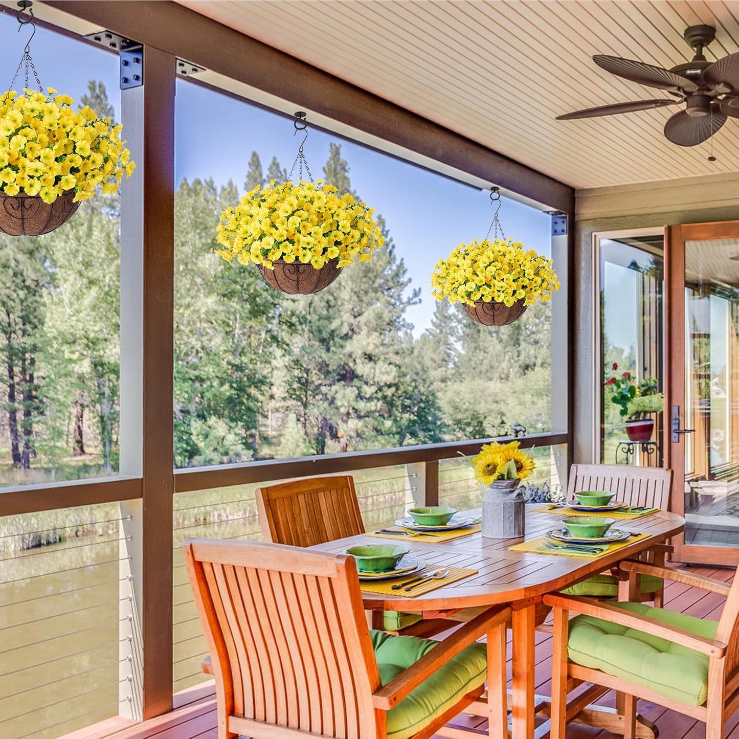 Artificial Fall Flowers Fake Hanging Plants Flowers Basket for Outdoors Autumn Decoration, Yellow Silk Morning Glory with Eucalyptus Look Real UV Resistant Faux Flowers for Outside Porch Patio Balcony