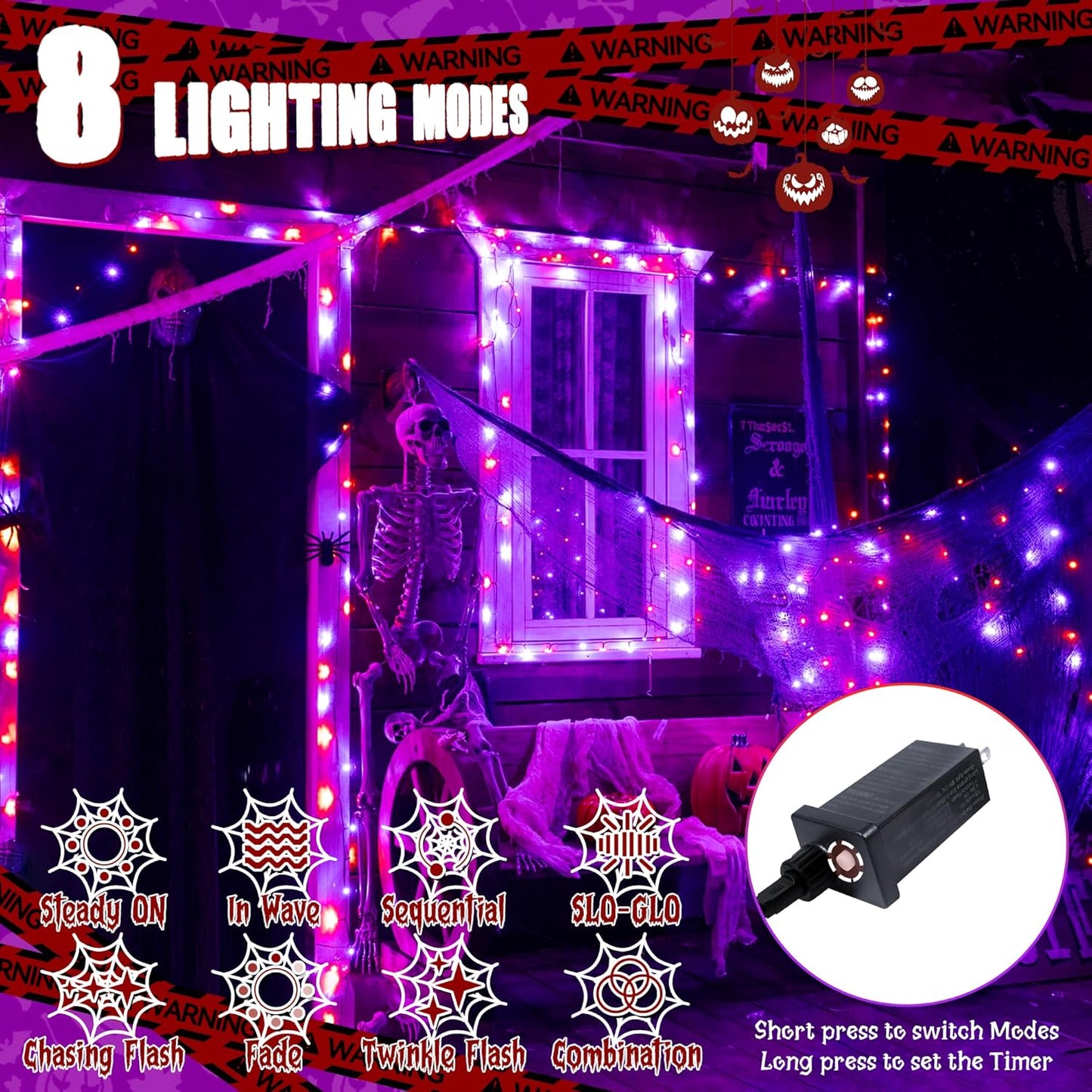Ollny Halloween Lights Outdoor, 300 LED 100FT Orange and Purple Halloween Decorations with 8 Modes Timer, Plug in String Lights for Indoor Outside House Yard Party
