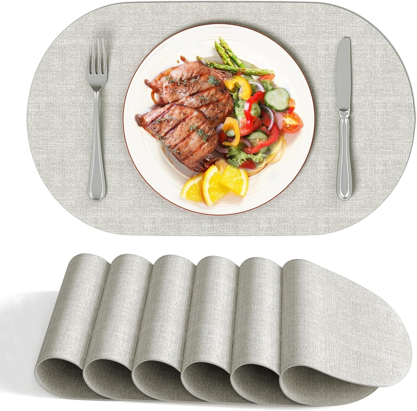 DOLOPL Large Placemats Set of 6, Oval Reversible Wipeable & Non-Slip Place Mats, Modern Faux Leather Table Mats for Kitchen, Neutral Tablemats for Dining Table Decor, Wedding, Party(Gray)