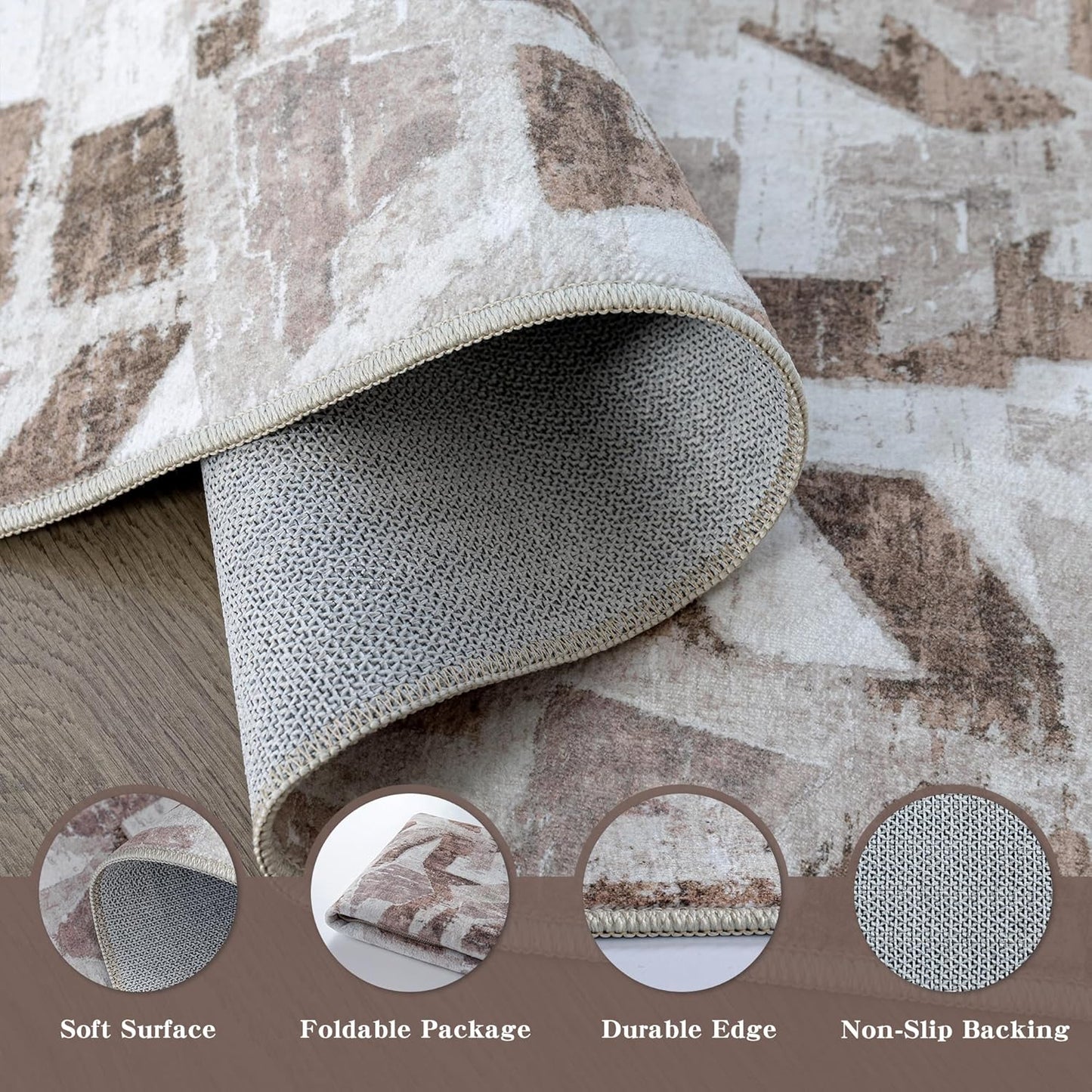 Modern Abstract 5X7 Area Rug for Living Room Bedroom Washable, with Non-Slip Rubber Backing Print Faux Wool Thin, Brown Throw Large Carpet for Kids Playroom Dining Room Pet & Child Friendly