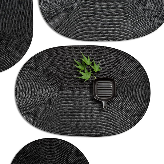 AHHFSMEI Placemats Set of 8 for Dining Table Washable Woven Vinyl Non-Slip 18x12 inches Placemat Heat-Resistant Durable Table Mats for Dining Table Easy to Clean (Black, 8)