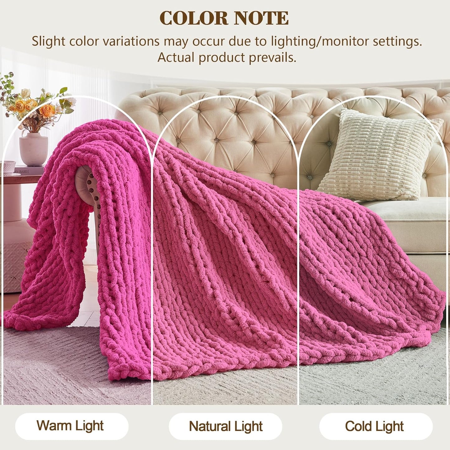 Carriediosa Chunky Knit Throw Blanket 50" X 60", 100% Hand Made Large Chenille Loop Yarn Soft Fluffy Throws for Couch Sofa Bed, Big Crochet Cozy Heavy Thick Cable Woven Blankets, Hot Pink