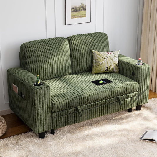 LINSY HOME Loveseat Sofa with Storage - Comfy Plush Corduroy 2 Seater Sofa with USB Charging & Cup Holders, Deep Seat Love Seat for Small Spaces Living Room Bedroom Apartment, Green