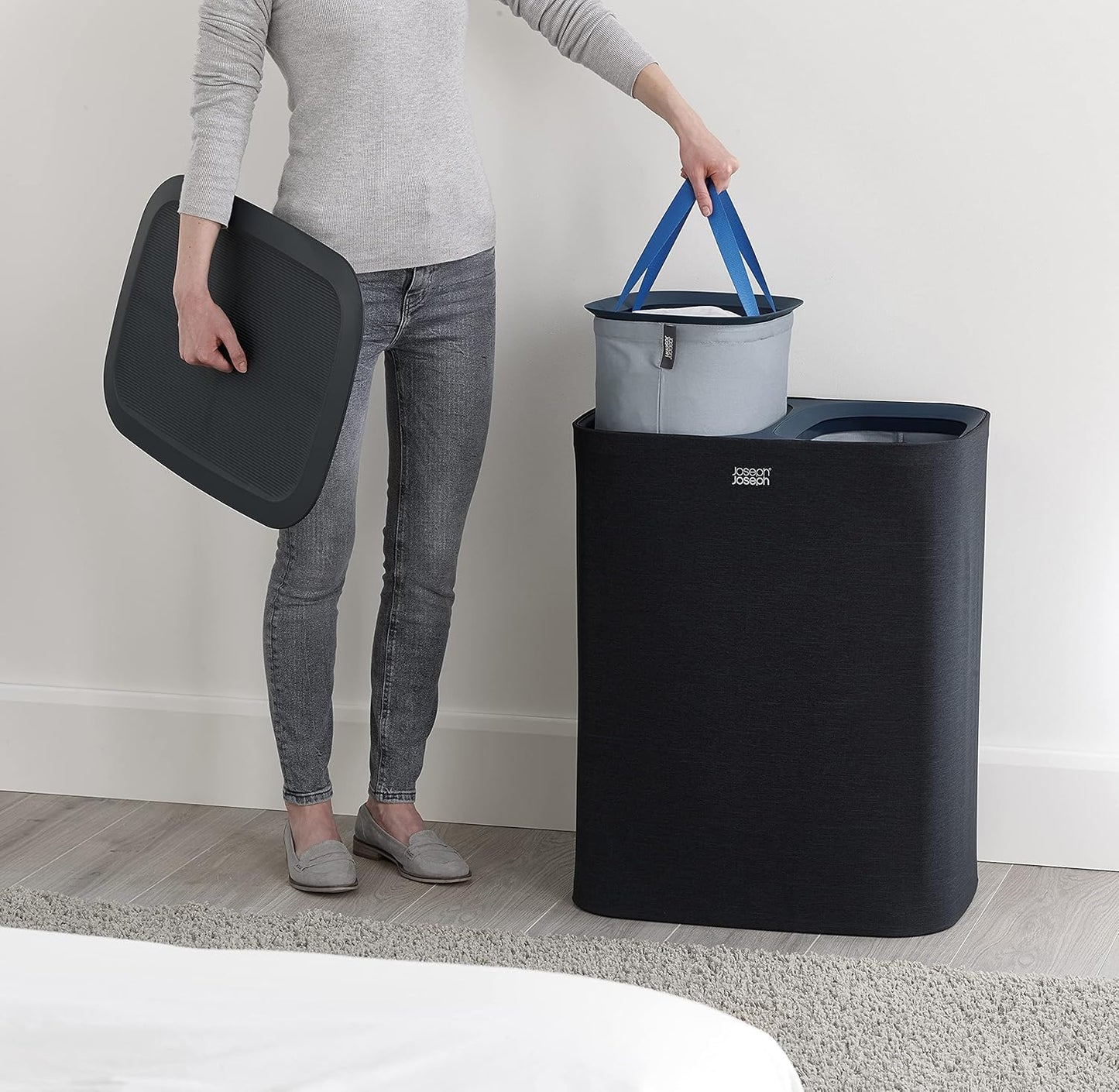 Joseph Joseph Tota 90 liter/23.8 gallon Laundry Hamper Separation Basket with lid, 2 Removable Washing Bags with Handles - Black