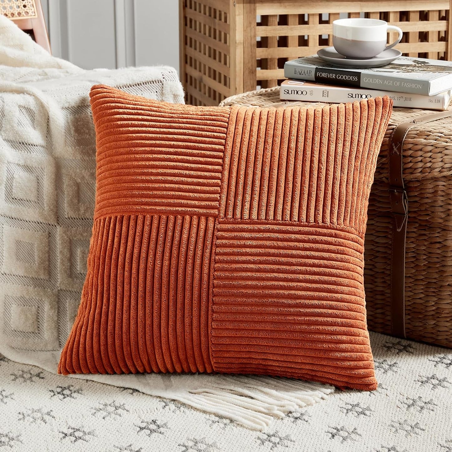 Fancy Homi Set of 2 Burnt Orange Decorative Throw Pillow Covers 20x20 Inch for Living Room Couch Bed, Boho Farmhouse Fall Home Decor, Soft Corss Corduroy Patchwork Textured Cushion Case 50x50 cm