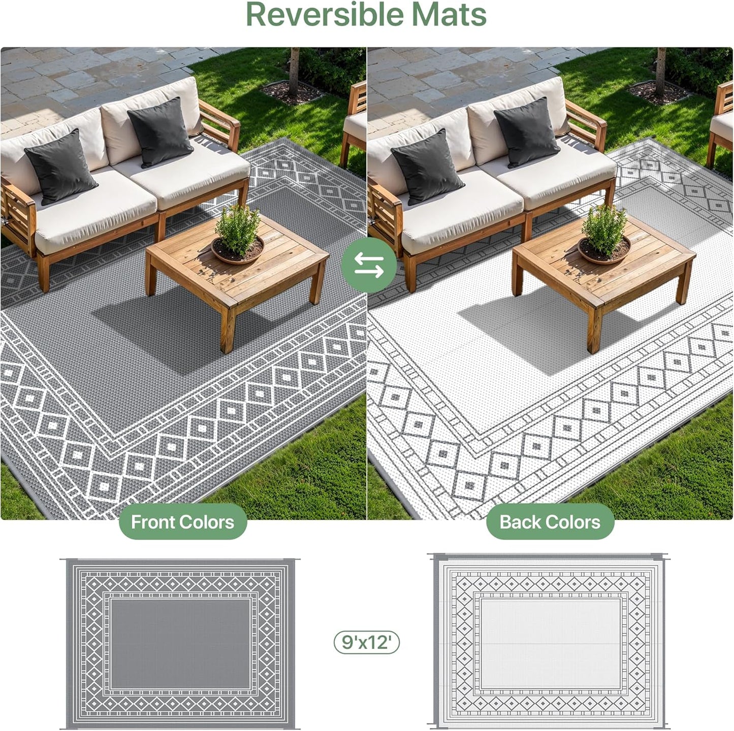 GENIMO Outdoor Rug Waterproof for Patio, 9'x12' Reversible Plastic Straw Outdoor Carpet, Camping Outside Mat for Outdoor Decor, RV, Deck, Camper, Balcony, Picnic, Grey & White