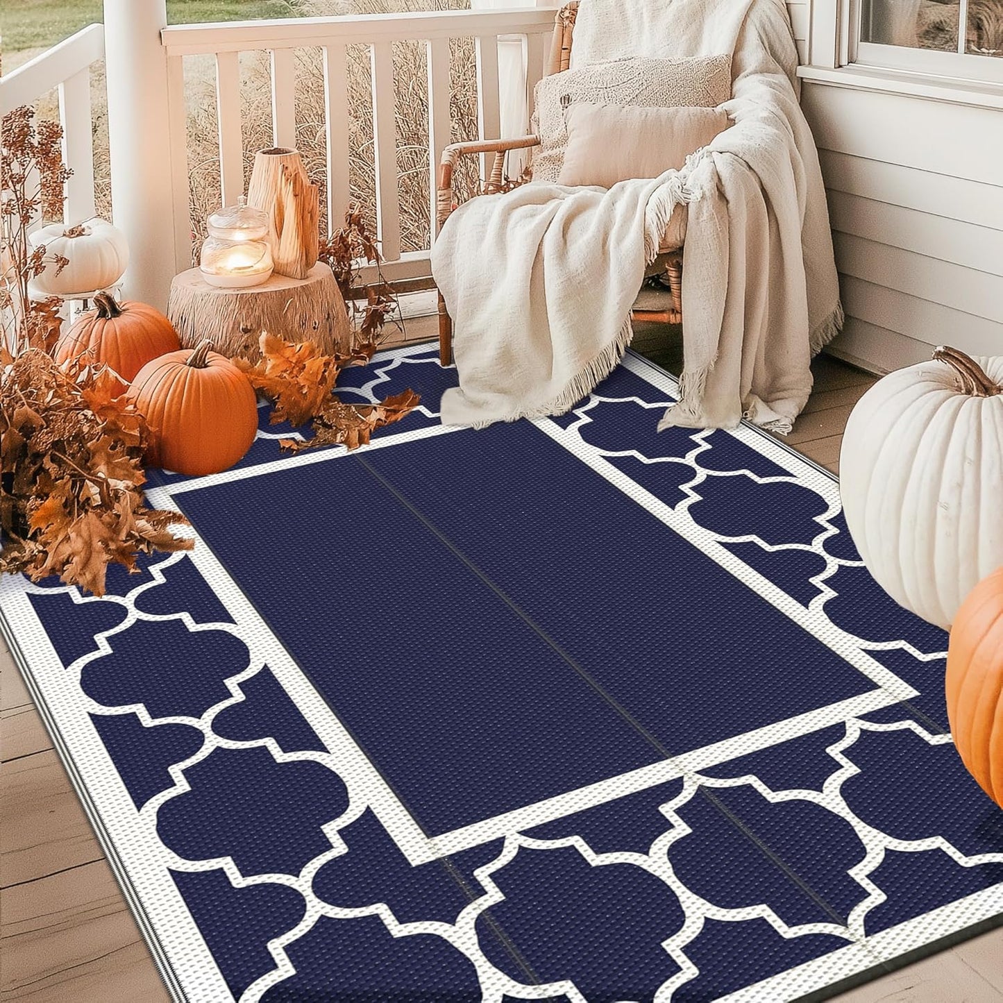 GENIMO 6' x 9' Outdoor Rug Waterproof for Patio Fall Decor, Foldable Reversible Plastic Straw Area Rugs Mat for Camper, Outside Carpet for Rv, Deck, Porch, Picnic, Beach, Balcony, Blue & Grey