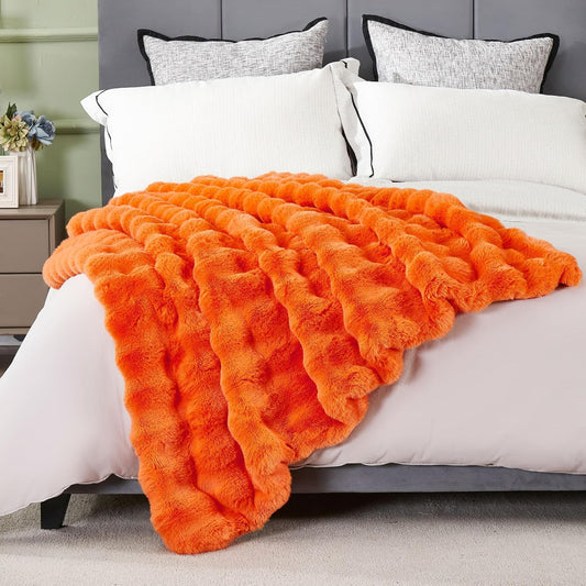 DREAMNINE Large Fuzzy Soft Fall Bubble Faux Rabbit Fur Blanket Queen Size 80" x 90", Luxury Big Autumn Plush Fluffy Blankets for Bed,Cute Lovely Cozy Thick Warm Furry Blanket for Winter,Pumpkin Orange
