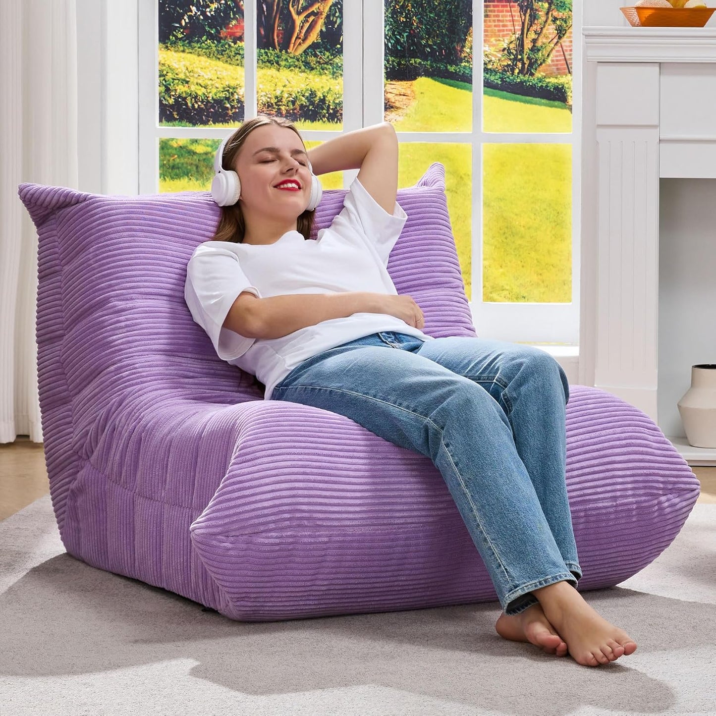 Bean Bag Chairs for Adults Giant Bean Bag Chair Memory Foam BeanBag Chair Big Bean Bag Sofa with Filler Faux Fur Fireside Beanbags Lazy Sofa for Living Room Bedroom Dorm Office (Purple Corduroy)