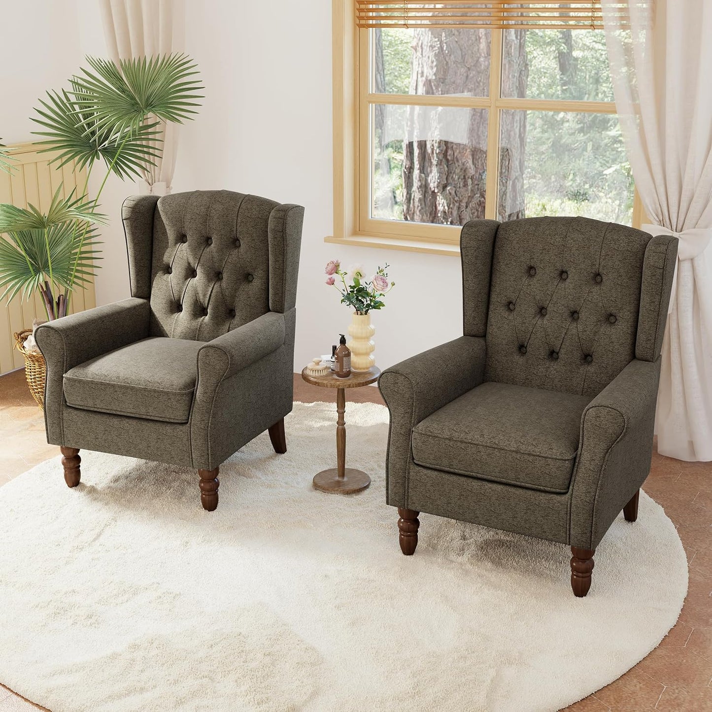 Lumibee High Back Accent Chair Set of 2,Upholstered Wingback Armchair with Solid Wood Legs for Small Spaces,Comfy Single Sofa Chair for Living Room,Bedroom,Office-Taupe