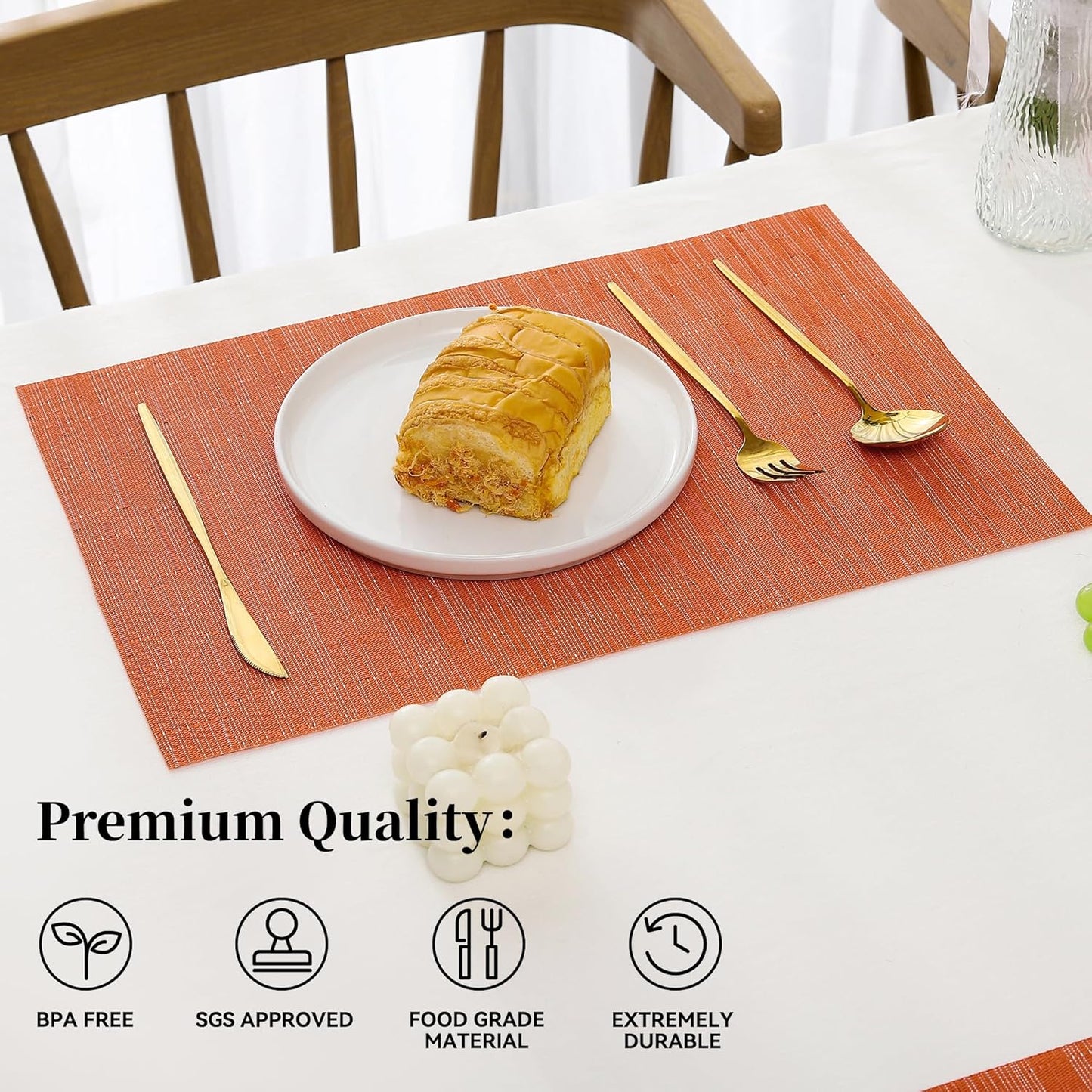 Leetaltree Orange Placemats Set of 6 - Heat Resistant Non-Slip Place mats for Dining Table, Washable Durable PVC Vinyl Woven Table Mats（Orange, 6）