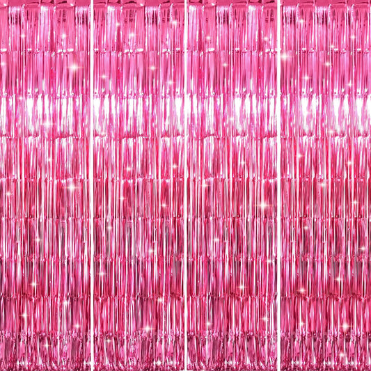 GOER 3.2 ft x 8.2 ft Metallic Tinsel Foil Fringe Curtains Party Photo Backdrop Party Streamers for Galentines Day,Birthday,Graduation,New Year Eve Decorations Wedding Decor (4 Packs,Hot Pink)