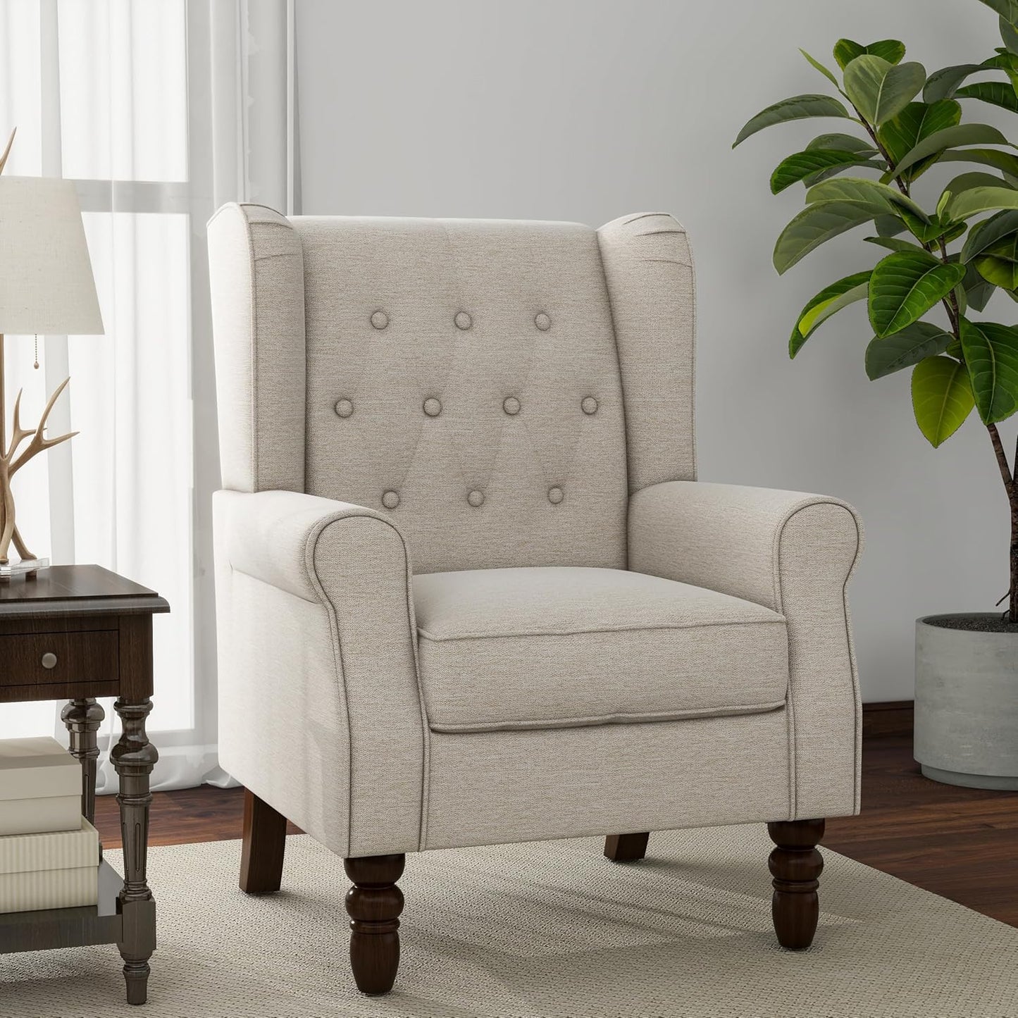 Lumibee High Back Accent Chair,Upholstered Wingback Armchair with Solid Wood Legs for Small Spaces,Comfy Single Sofa Chair for Living Room,Bedroom,Office-Beige