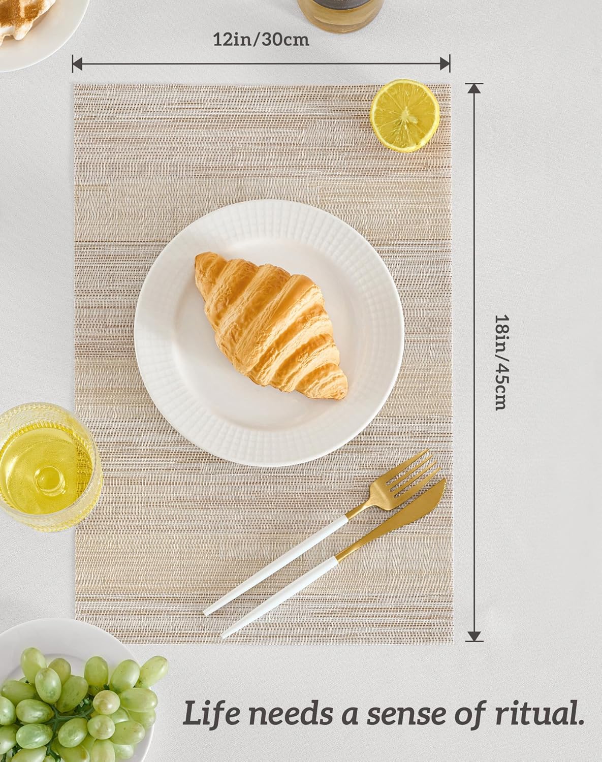 Leetaltree Lightsteel Beige with Yellow Placemats Set of 12 - Heat Resistant Non-Slip Place mats for Dining Table, Washable Durable PVC Vinyl Woven Table Mats (Lightsteel Beige with Yellow, 12)