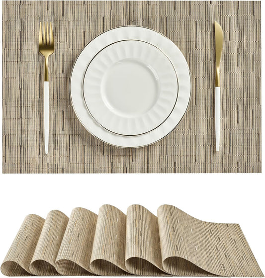 Leetaltree Light Brown Placemats Set of 6 - Heat Resistant Non-Slip Place mats for Dining Table, Washable Durable PVC Vinyl Woven Table Mats（Light Brown, 6）