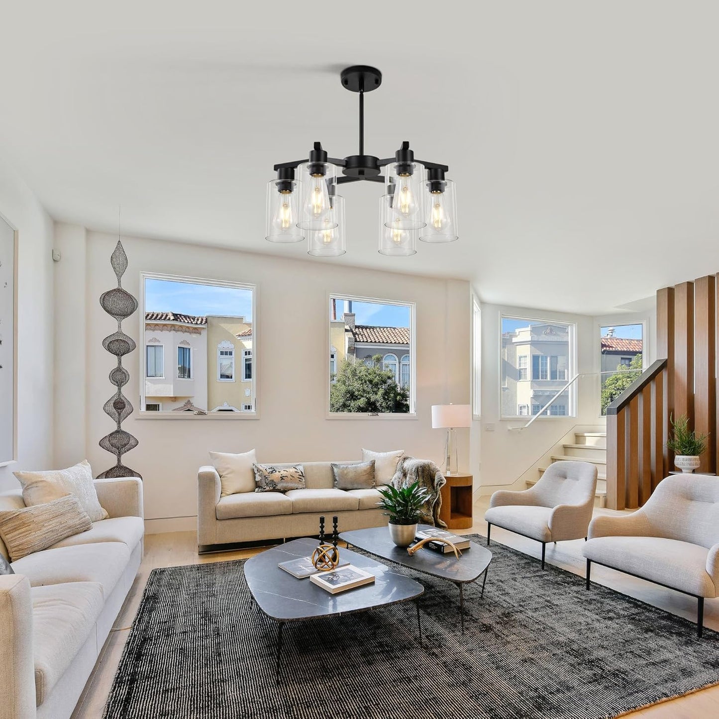 6-Light Modern Farmhouse Black Chandelier, Dining Room Light Fixture Over Table Adjustable Height Hanging Industrial Pendant Lights Kitchen Island, Clear Glass Shade