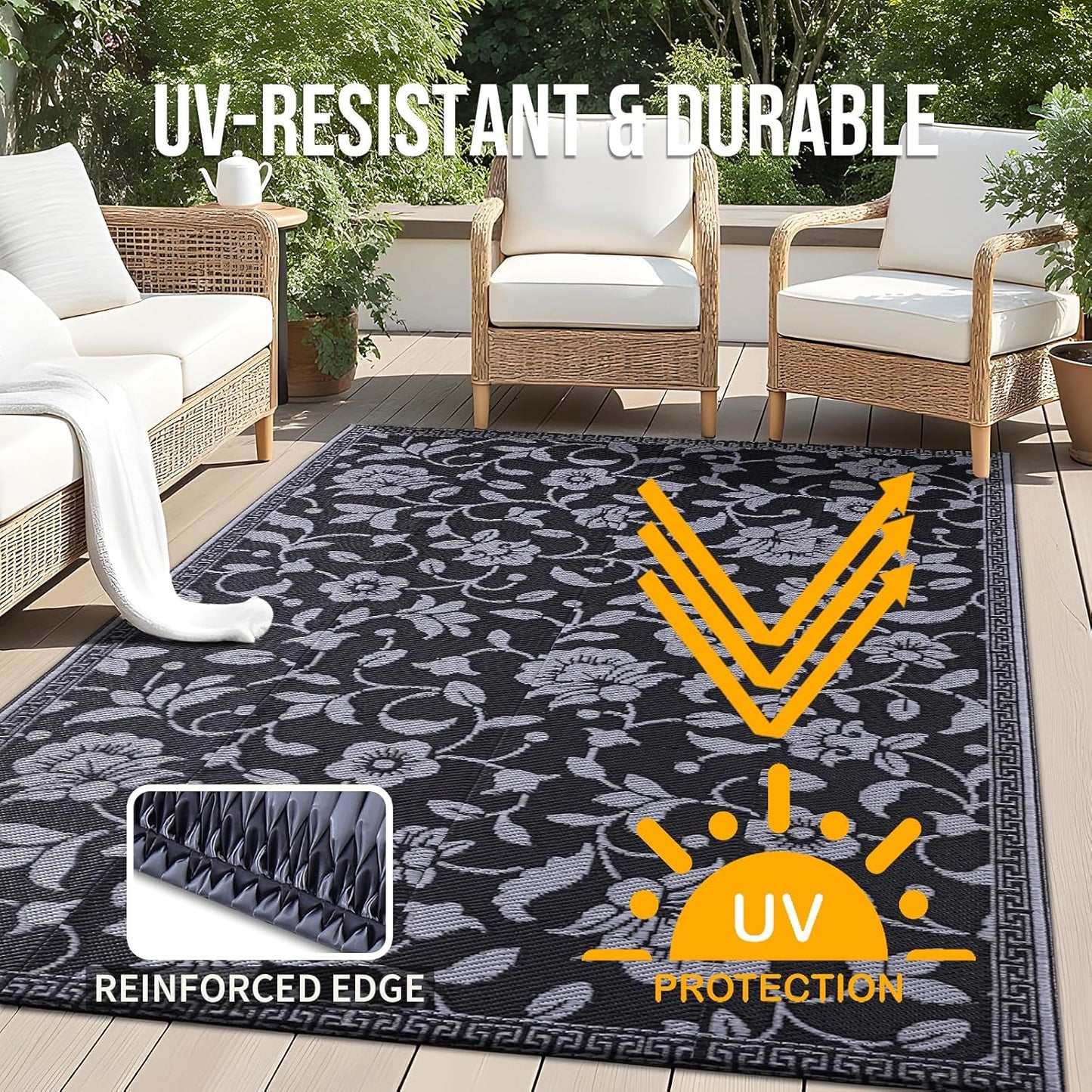OLANLY Waterproof Outdoor Rug 5x8 ft, Outdoor Plastic Straw Rug with Flower Pattern, Reversible RV Mat for Patio, Camping, Balcony, Deck, Backyard, Black & Grey