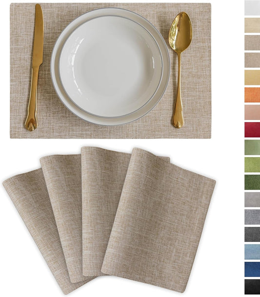 Demetex Burlap Placemats Set of 4 Heat Resistant Decorative Cloth Place Mats Wipeable Lined Linen Table Plate Mats for Party Dinner Gathering, Burlap
