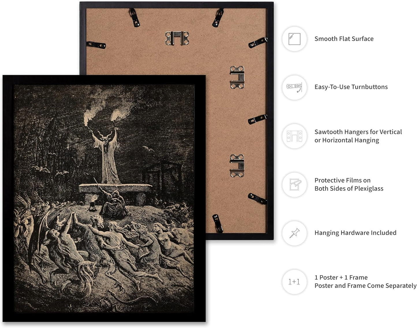 Poster Master Vintage Gustave Dore Poster - Retro Illustration Print - Gift for Gothic, Horror Fan - Dance of Sabbath, Witch, Magic, Spell - Wall Decor for Bedroom, Dorm, 16x20 Black Framed