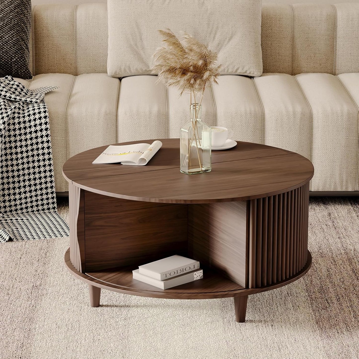 Round Coffee Table with Storage,Fluted Center Table with Sliding Cabinet Door for Living Room,Home Small Space,31.5" Small Center Table,Walnut