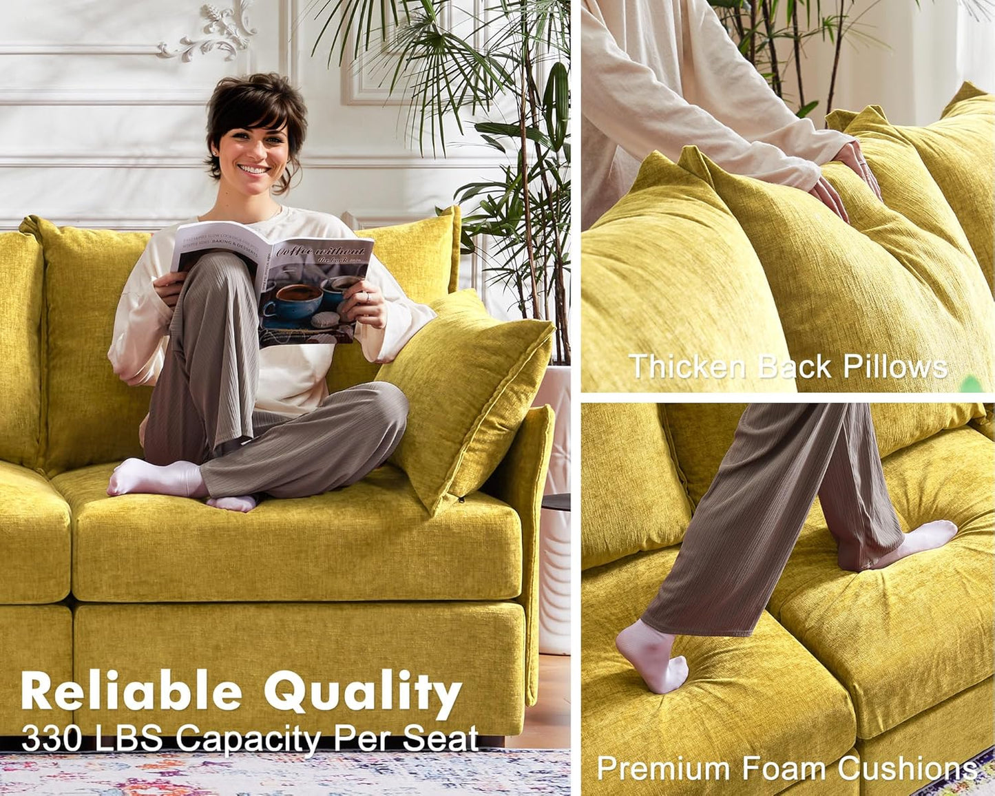 134.6" Luxury Modular Sectional Convertible Sofa with Storage Ottoman, L-Shape 5-Seat Oversized Comfy Couch Deep Seat with Reversible Chaise - Chenille Yellow