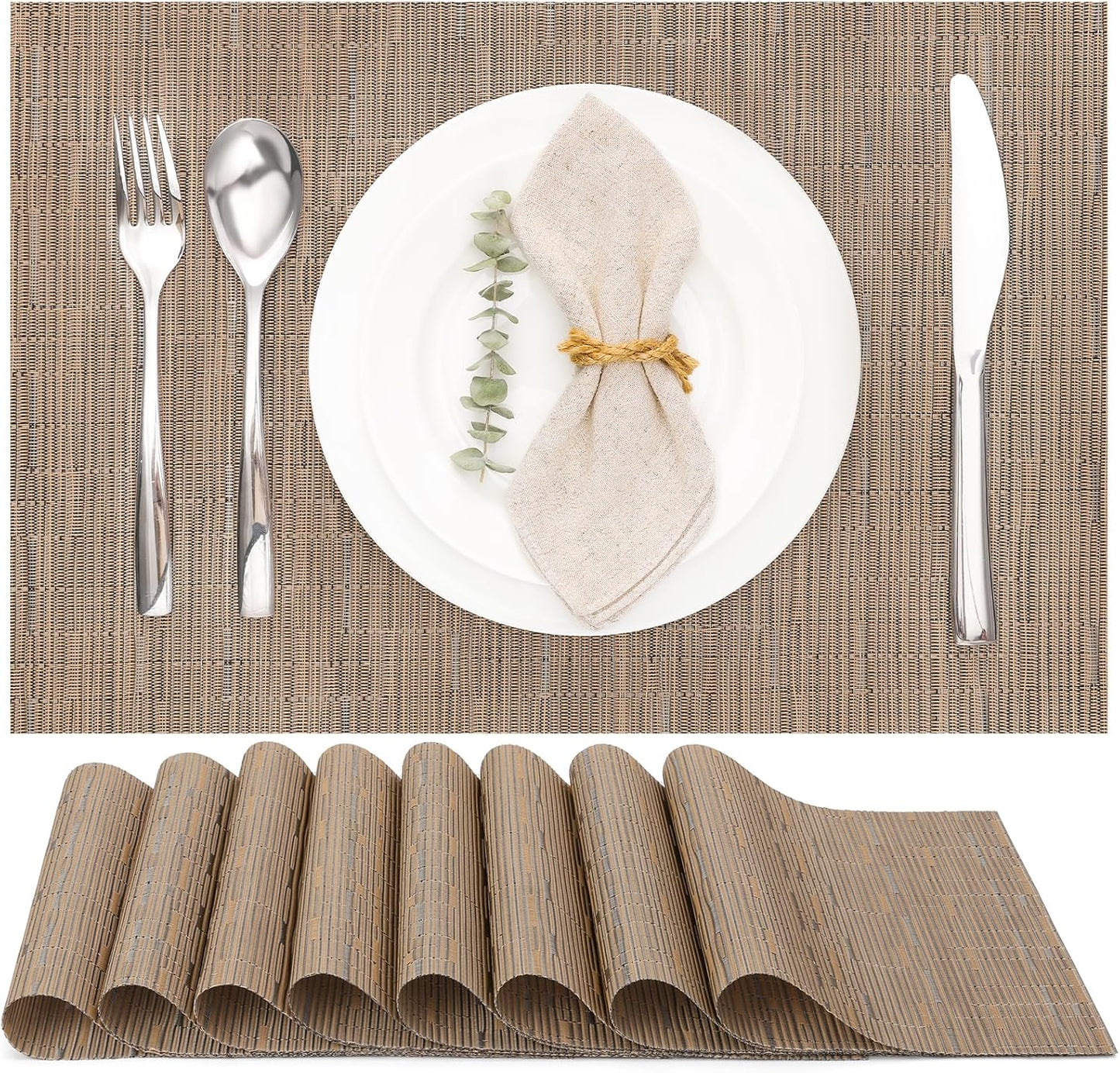 Myir JUN Placemats Set of 8, Vinyl Woven Placemats Place Mats Indoor Set of 8 Washable Table Mats Non-Slip Place mats for Dining Table (Light Brown, Set of 8)
