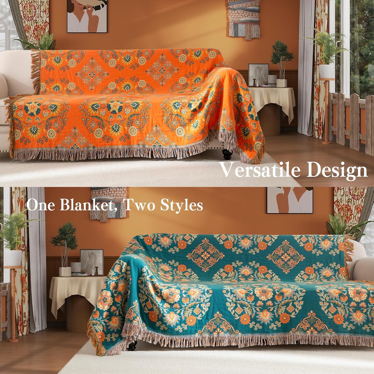 Boho Throw Blanket Full Size, Extra Large Soft Cozy Cotton Muslin Quilt Blanket for Bed Decor, Floral Patterned Couch Sofa Chair Cover, Vintage Farmhouse Cottage Woven Blanket, Orange&Green