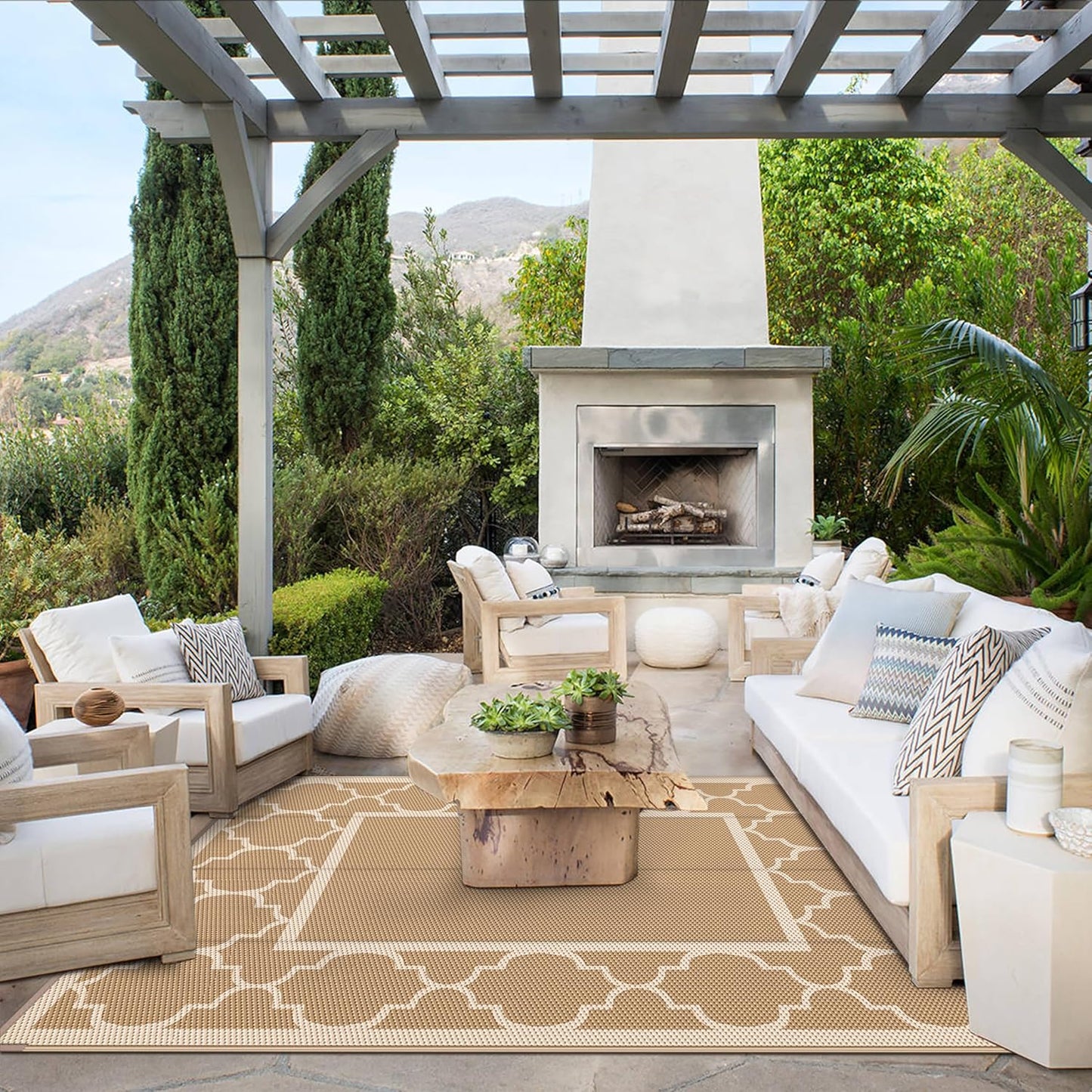 GENIMO 5' x 8' Outdoor Rug Waterproof for Patio Decor, Foldable Reversible Plastic Straw Area Rugs Mat for Camper, Outside Carpet for Rv, Deck, Porch, Picnic, Beach, Balcony, Brown & Beige