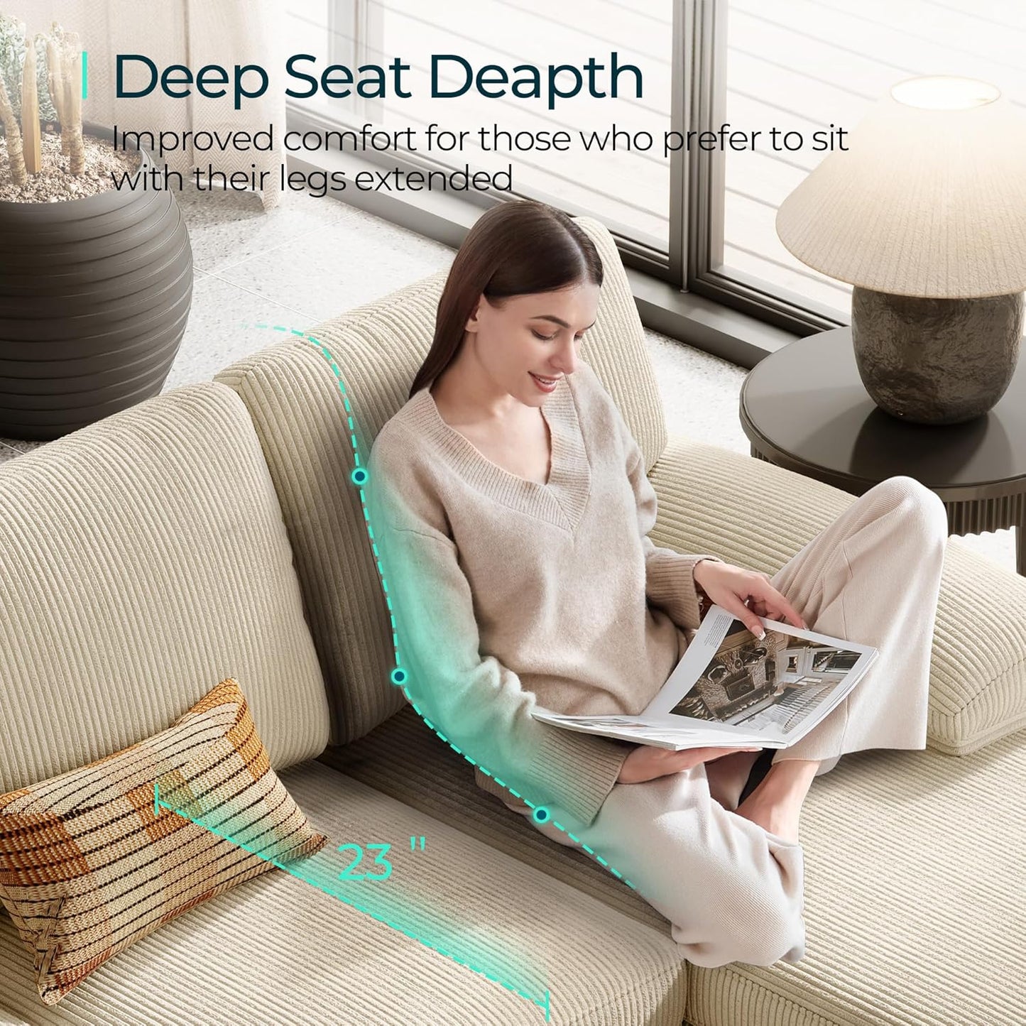 LINSY HOME Sectional Couch, 111'' W Corduroy U Shaped Sofa with Sleepable Armrests, 4 Seat Couch with Double Chaises, Deep Seat Sofa for Living Room, Beige