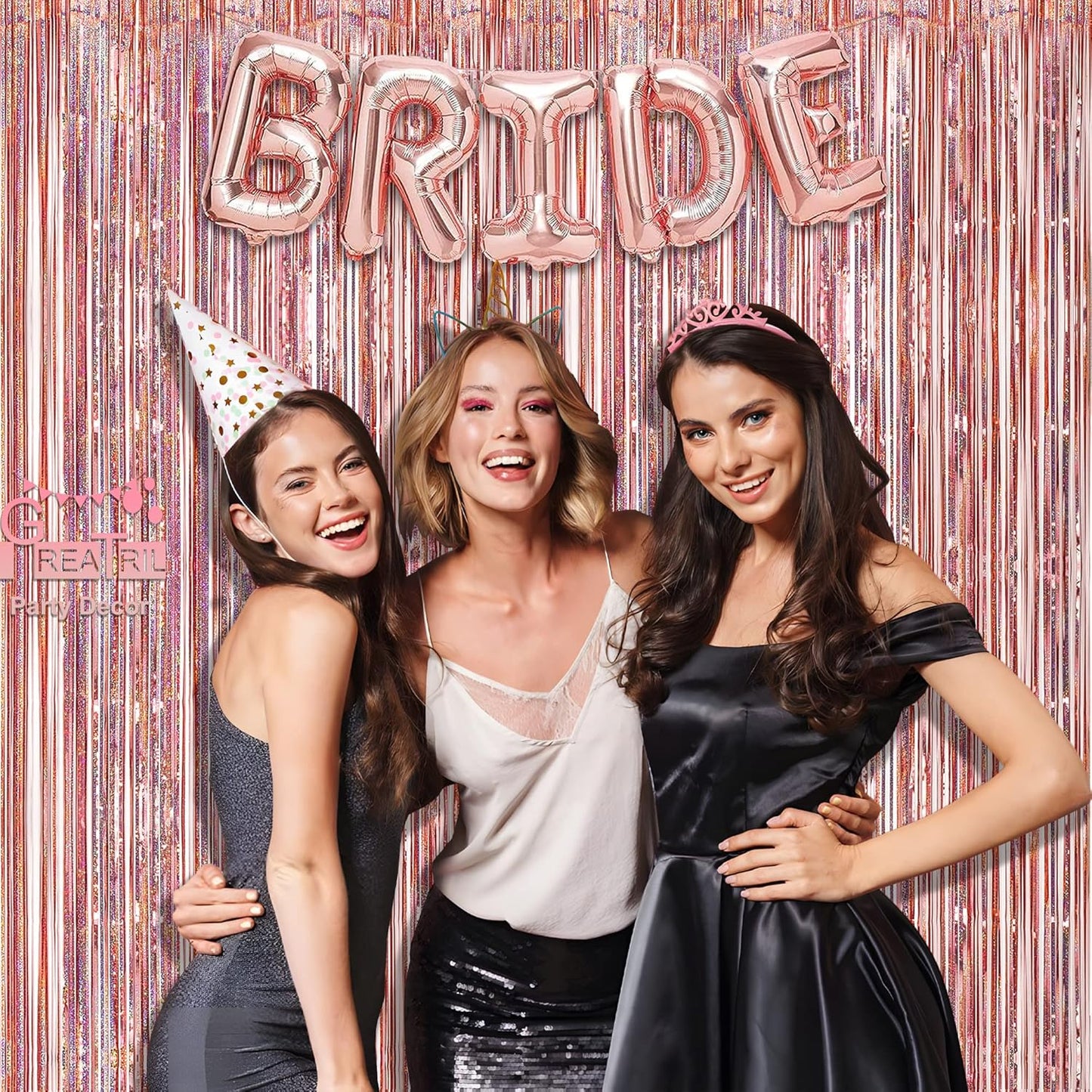 Rose Gold Tinsel Curtain Party Backdrop - GREATRIL Foil Fringe Curtain Streamers for Bachelorette Party Decorations Bride Be Party Streamers 2 Packs (Rose Gold)