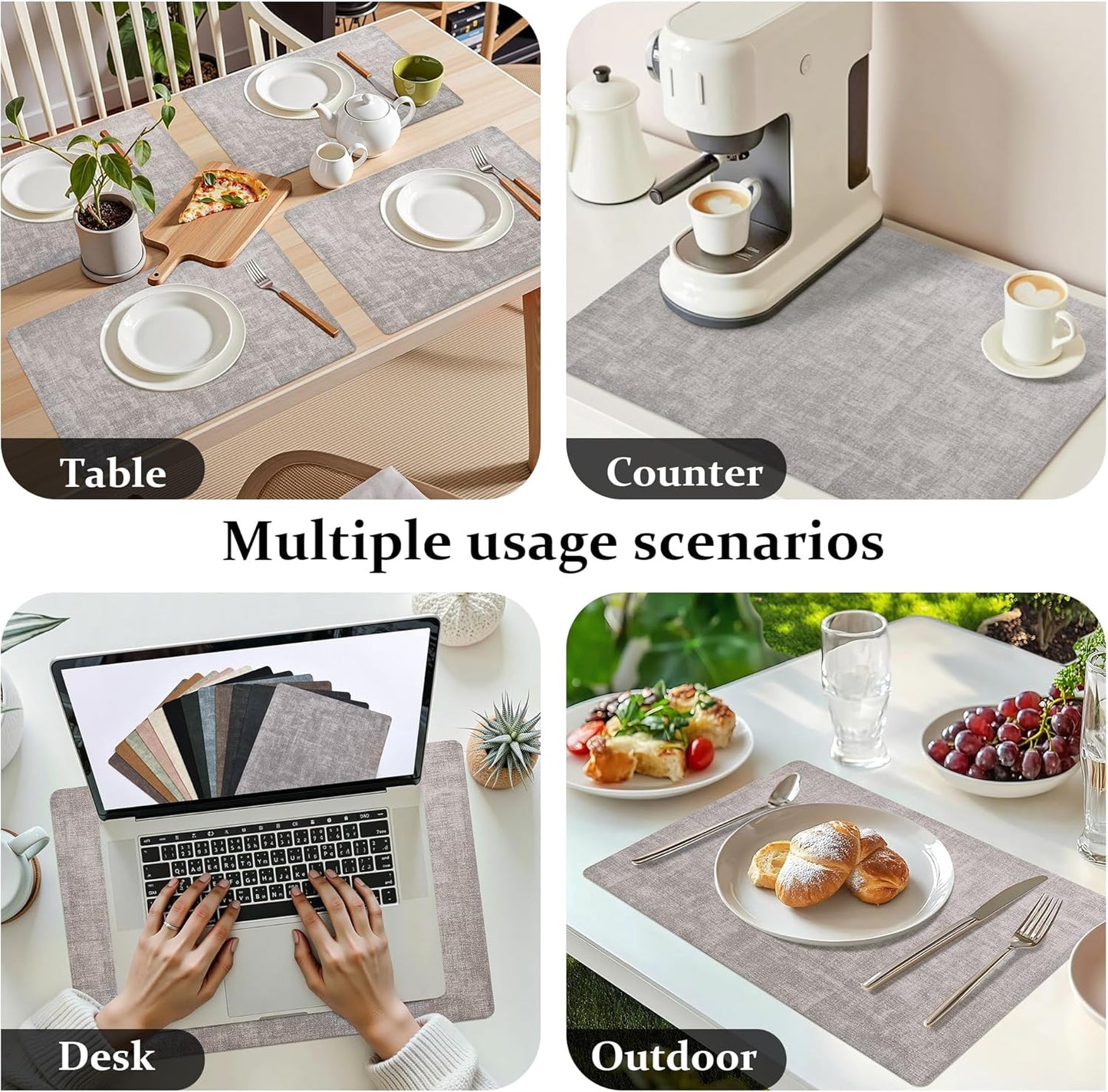 FROMHEART Faux Leather Placemats Set of 6–Waterproof,Heat/Oil Stain-Resistant PU Table Mat–Reversible,Non-Slip,Easy to Clean Place Mats for Kitchen,Dining,Indoor/Outdoor,(Light Grey,11.8" x 17")