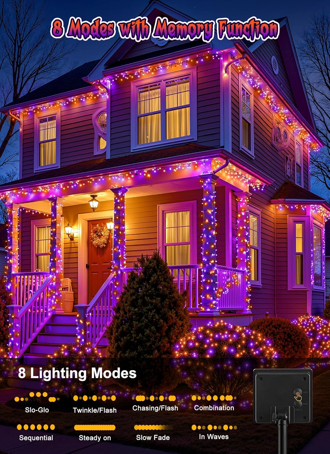 Brightown 2 Pack Halloween Solar String Lights Outdoor, Total 144Ft 400 LED Solar Lights Outdoor Waterproof with 8 Modes for Patio Tree Garden Party Decorations (Orange&Purple)