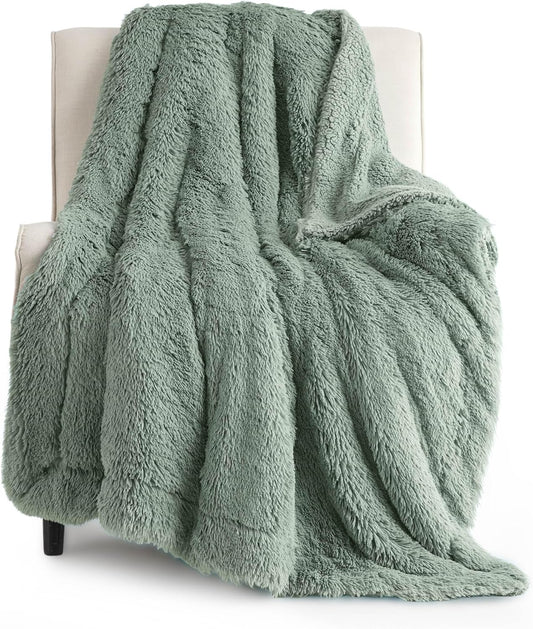 Bedsure GentleSoft Fuzzy Sherpa Faux Fur Twin Blanket Sage Green Cozy Gifts for Women Men, Soft Fleece Plush Warm Minky Thick Blanket Twin Size for Bed, Dorm Essentials Sage Room Decor Gifts, 60x80
