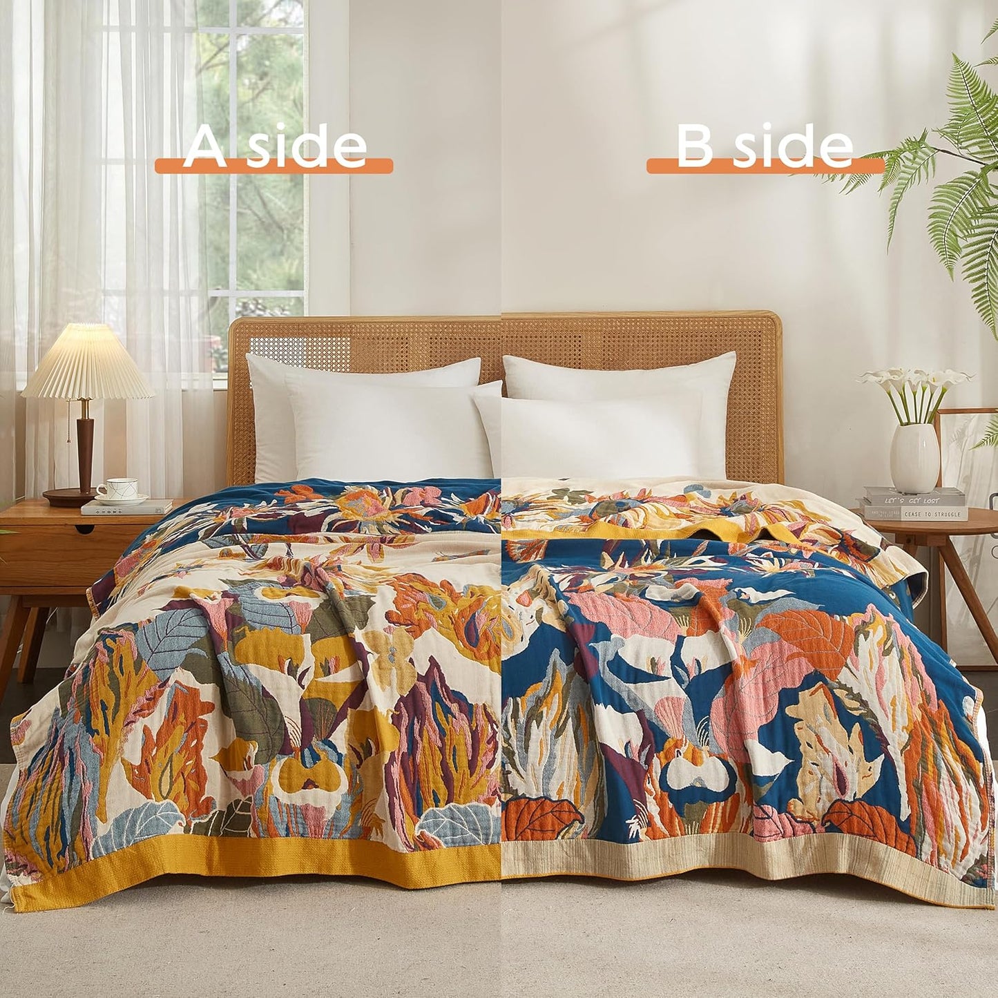 Boho Throw Blanket for Bed 90”x98”, 100% Cotton Woven Blanket for Couch Sofa, Ultra Soft 4-Layer Muslin Quilt with Vintage Floral Printed, Farmhouse Bed Blanket/Cover for Living Room Decor